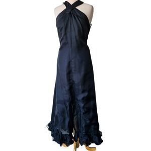Vintage 70s Black Keyhole Cross Halter Lettuce Ruffle Hem Slit Maxi Dress Gown M